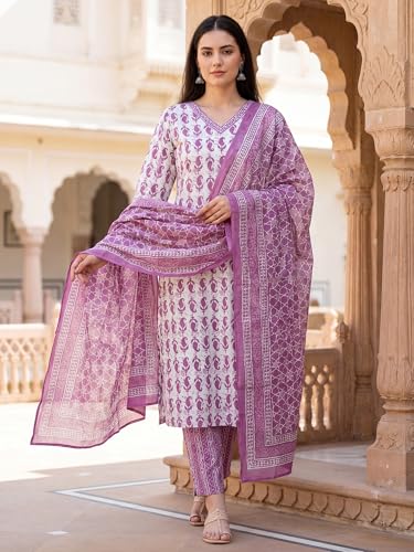 Image of INDO ERA Women's Pure Cotton Printed Straight Kurta & Pant with Dupatta Set