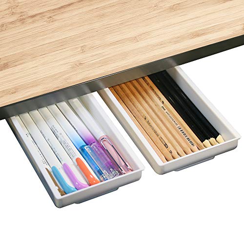INNOLITES 2 Pack Under Table Drawer Tray Desk Pencil Organizer Recycled Expandable Drawer Storing Tray Self-Adhesive Desk Pop-Up Hidden Drawer Organizer,for Office School Home Desk. (Small, White)