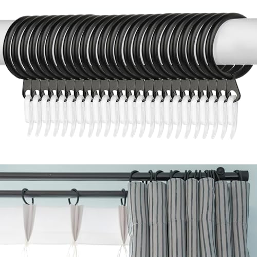 Curtain Rings 24pcs Black Metal Rings with 24pcs Plastic Hooks Drape Sliding Curtain Hanging Ring for Pole Rod 30 mm Internal Diameter