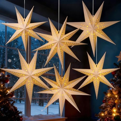 6Pcs Paper Star Lanterns with Lights, 3D 7/9 Pointed Christmas