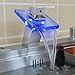 1002 No Battery Water Power Waterfall Bathroom Sink Faucet Deck Mount Color Changing Light LED Glass Spout Chrome Finish