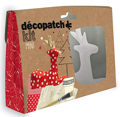 Décopatch KIT018O - Un mini-kit comprenant un animal en papier pulpé blanc, 2 feuilles Décopatch, un pinceau et un pot de vernis colle, Renne