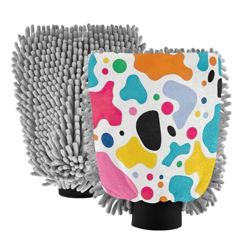 Flradish 2 Pack Colorful Cow Print Car Wash Mitt Chenille Microfiber Lint-Free Scratch Free Ultra-Soft Absorbent Car Wash Mitt 10.2x7.09 Inch