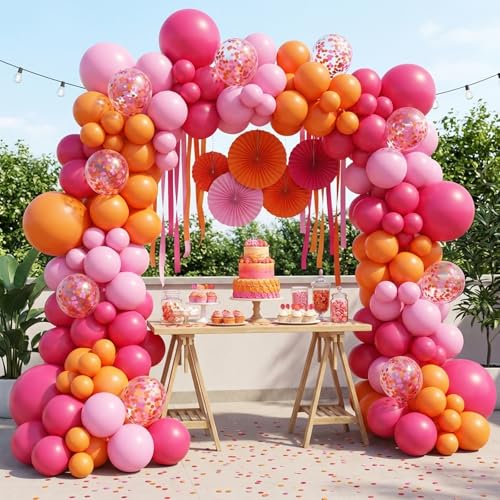 Image of Pink and Orange Balloons, 55PCS light pink balloons 12inch Pink Orange Confetti Balloons for Baby Shower, Birthday, Wedding, Tropical Party decorations