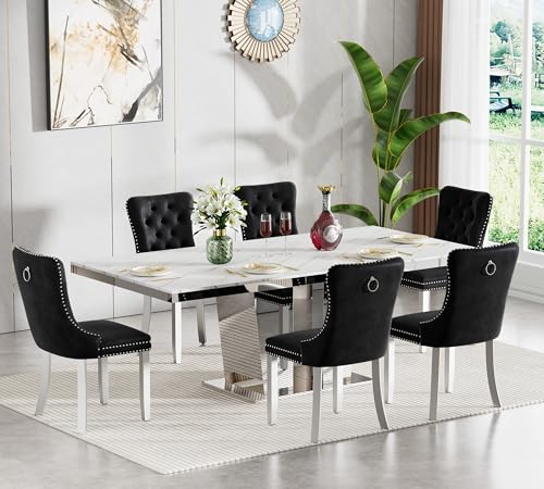 Image of White Faux Marble Extendable Dining Table Set for 6 Mirrored Base | 63 inch-94 inch Mirrored Pedestal Dining Set with 6 Velvet Chair,Modern Large Expandable Kitchen Table Set for Dining Room Gathering