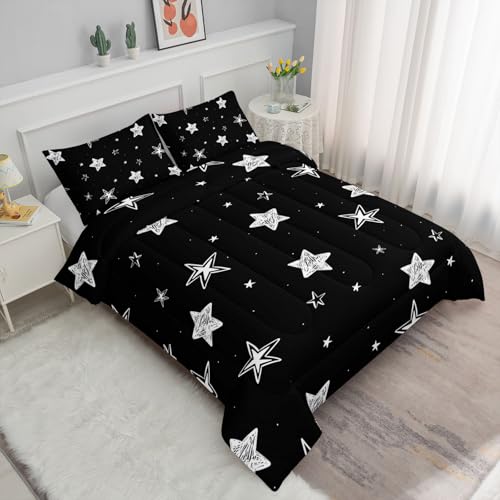 Image of Black and White Stars Comforter Set Starry Printed Bedding Set with 1 Comforter and 2 Pillowcases for Boys and Girls Bedroom All Season(Stars Full)