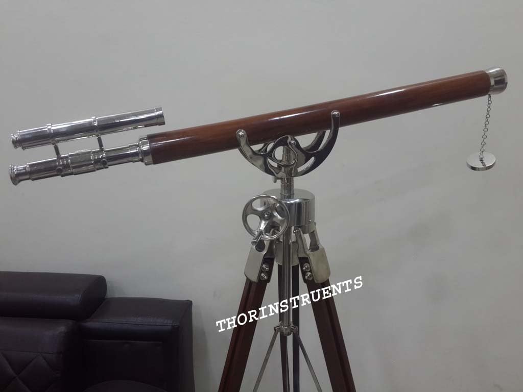 Vintage-Maritime-Navy-Brass-Double-Barrel-Telescope-Wheel Brown-Wooden-Tripod Rustic Vintage Home Decor Gifts