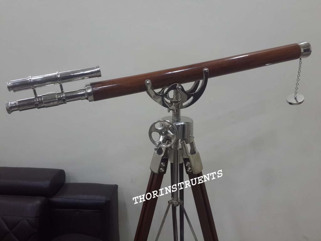 Vintage-Maritime-Navy-Brass-Double-Barrel-Telescope-Wheel Brown-Wooden-Tripod Rustic Vintage Home Decor Gifts