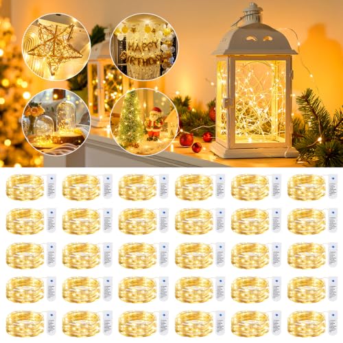 Image of Minetom 30 Pack Warm White Battery Operated Fairy String Lights 8 Modes | 7ft 20LED Waterproof Silver Wire Twinkle Lights, Firefly Starry Moon Lights for Mason Jars DIY Christmas Wedding Part
