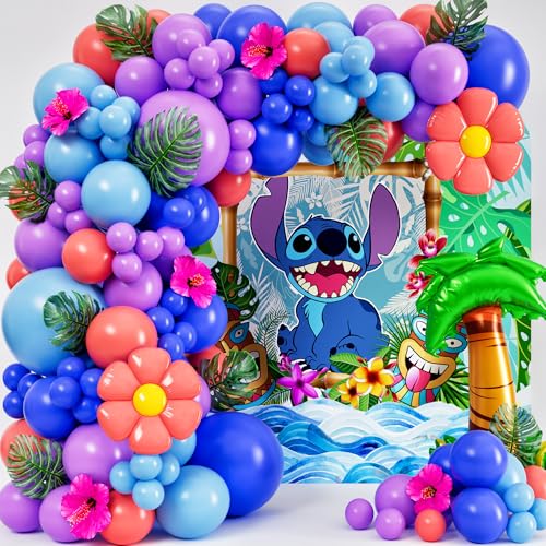ALL-IN-1 Blue Alien Balloon Arch Kit with BONUS Palm Tree & Tropical Flowers for Cute Space Creature Theme Kids Birthday Baby Showers & Outer Space Parties - Tropical Blue Monster Party Decorations