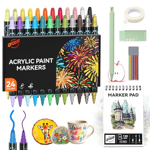 QFOUR Art Supplies, 24 Colors Acrylic Markers with Marker Pad, Art Supplies for Adults, Drawing Kit, Dual Tip Paint Markers for Wood, Teenager Gift