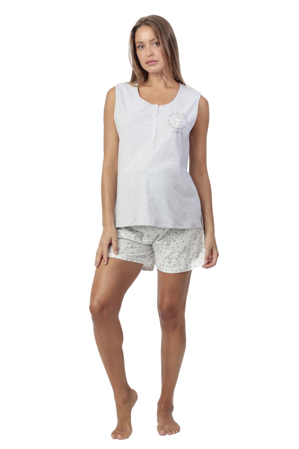 Disney Pijama Mujer Thumper Maternity de algodón con sin Mangas Cuello con Tapeta Botones pantalón Corto Estampado vigoré y Verano Color Gris Jaspe Talla XXL
