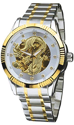 Daniel Steiger Dragon Automatic Men's Watch - Golden Chinese Dragon Dial with White Surround - Crystal Hour Markers - Two-Tone Gold & Steel Finish