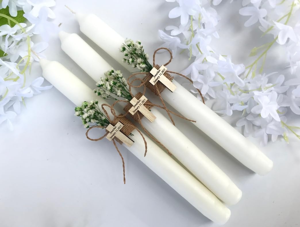 Vela de Bautizo y Primera Comunión, Juego de 3 Velas, Vela de Bautizo Personalizada, Vela de Ceremonia de Comunión, Lámparas Griegas