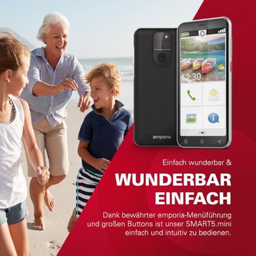emporiaSMART.5 Mini, Seniorenhandy, 4G Volte, Senioren Smartphone ohne Vertrag, Mobiltelefon mit Notruftaste, 4,95-Zoll-Display, Android 13, 13 MP Kamera, Schwarz, E5mini/E5m 001