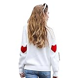 CHICWISH Women's Comfy Casual Long Sleeve Heart Shape Patched White Knit Top Pullover Sweater.