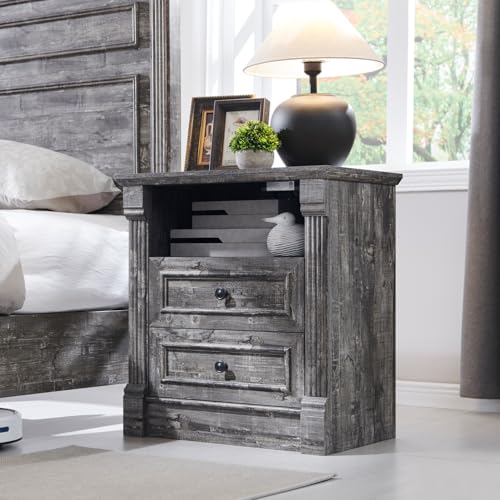 Image of 26 inch Tall 2 Drawers Dresser for Bedroom, Farmhouse 23.6 inch Wide Large Nightstand with Charging Station, Wood Rustic Side Table w /Roman Column, End Table for Bedroom, Living Room, Light Grey
