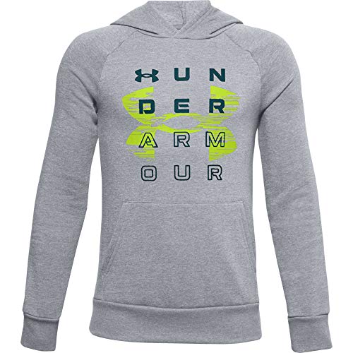 Under Armour Boys' Rival Fleece Brand Hoodie , Mod Gray Light Heather (011)/Green Citrine , Youth X-Large