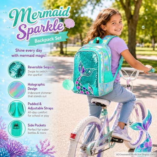 Image of 16 inch Mermaid Backpack for Girls, 3Pcs Sequin Fish Tail School Backpacks Set for Elementary Preschool Kindergarten, Kids Bookbag with Lunch Box (Green)