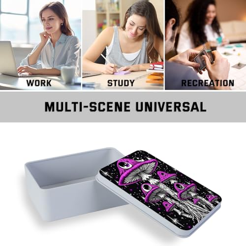 Image of Metal Tin Box with Lid,Multi-functional Storage Large Box Can Store Tea Biscuits Game Cards, Playing & Tarot Cards-Comes with 4 Magnetic Cord Clips,Psychedelic Purple Mushrooms