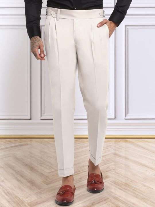 Vintage Tweed Slim Fit Trousers for Men, Herringbone Pleated Tailored Flat Front Formal Pant for Office Wear - Cream 5