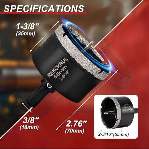 Image of 2-3 /16 Inch Diamond Hole Saw with Pilot Drill Bit 2PCS | Premium Tile Hole Saws Porcelain, Ceramic, Granite, Marble, Glass , 1-3 /8 inch Cutting Depth, Serrated Edge Wet /Dry Use (55mm)