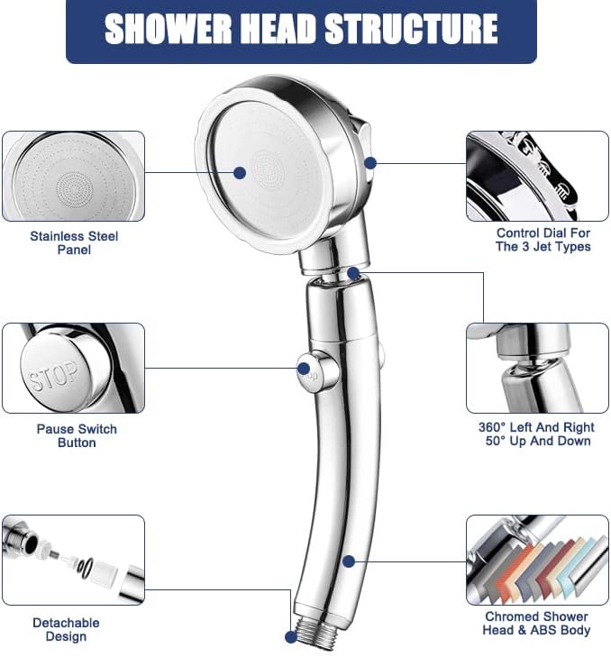 Shower Head and Hose 2m, High Pressure Shower Heads with Stop Button, Universal Handheld Shower with 3 Spray Modes, Water Saving Shower Head 360° Rotating for Adults Children Pets Home, Chrome