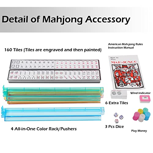 American Mahjong Game Set With Mahjong Mat,166 Premium White Tiles,4 All-In-One Color Rack/Pushers,100 Chips,1 Wind Indicator, Durable Black Soft Carrying Bag,Western Mahjongg With English Instruction #TOP2