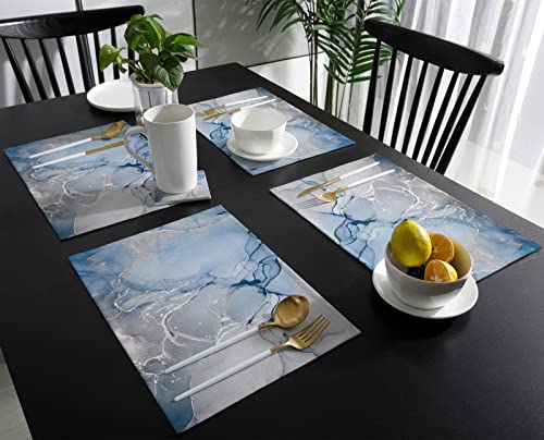 Marble Placemats Set Of 6, Blue Sliver Gold Anti-Slip Dining Table Place Mat Sets, Nature Stone Marble Texture Cotton Linen Holiday Washable Mats For Dinner Party Table Decor #TOP2
