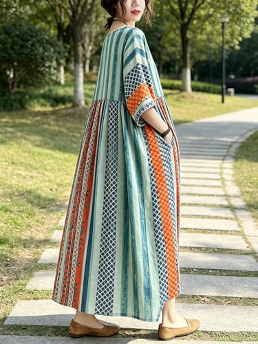 Image of Women Summer Dress with Pockets Plus Size Boho Floral Print Round Neck Loose Casual Flowy Dress
