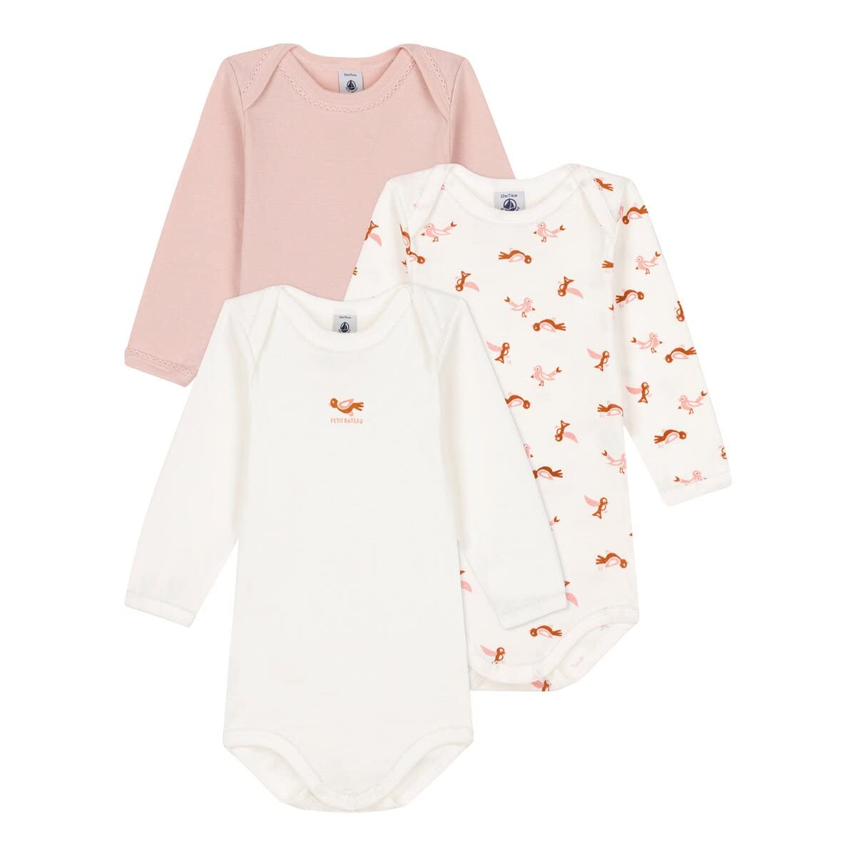 BABIES' BIRD PRINT LONG-SLEEVED COTTON BODYSUITS - 3-PACK SIZES 3-36 MONTHS