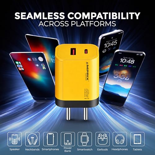 Image of Premium 45W GaN (USB & Type-C) Dual Port Super Fast Charger, Power Delivery 3.0 & USB-A Fast Charging Adaptor with Type-C to C Braided Cable for iPhone, Android & Other Type C Devices (Yellow)