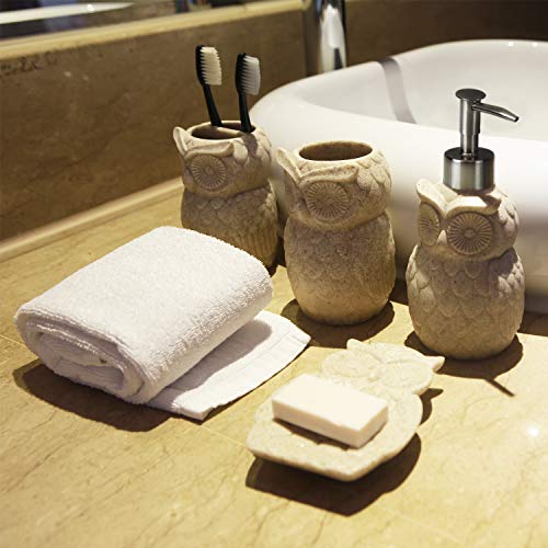 Evelyne Gmt-10226 Owl Resin Sandstone Bathroom Amenity Accessory Set Included Dispenser, Soap Tray, Toothbrush Holder And Tumbler (Beige) #TOP1