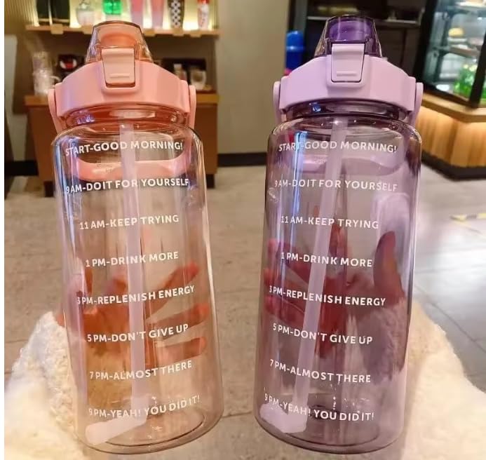 Image of Motivational Water Bottle 2 Litre with Time Marker | Leak Proof BPA Free Gym Bottle | Sports Drinking Bottle with Straw & Handle for Office, Gym, School