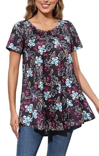 splensive Tunic Tops for Women Plus Size Short Sleeve Crew Neck Swing Flare Loose T-Shirt Blouses to Wear with Leggings, Womens Tops Short Sleeve Floral Black, Small
