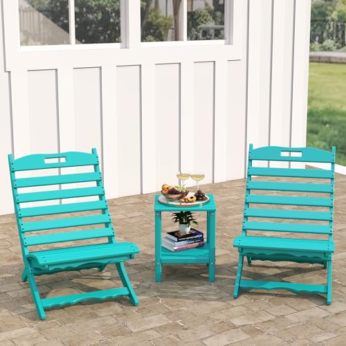 GREENVINES 3 Pieces Patio Furniture Set | Outdoor Bistro Sets for 2 | HDPE Plastic | Folding-Adirondack-Chairs-with-Side-Table | All Weather | Xavier