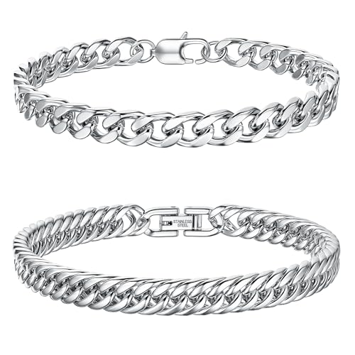 Dochais 2 Pcs Pulsera Hombre Acero Inoxidable, Pulsera Hombre Plata Oro, Pulseras Hombre Longitud 23 cm, Pulsera Plata Hombre Anchura 7,5/8 mm (plata)