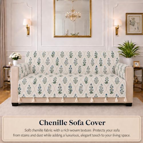 Image of STITCHNEST 'Eden Weaves Collection Series' 3 Seater Sofa Cover | Full Coverage with Armrest Pockets | Elegant Woven Fabric, Decorative Tassels, Washable & Durable for Modern Living