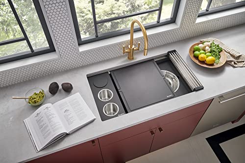 Image of Ruvati 33-inch Workstation Two-Tiered Ledge Undermount Kitchen Sinks 16 Gauge Stainless Steel with Black Composite Accessories - Deep Undermount Sink, Kitchen Sink, Stainless Steel Sinks - RVH8224