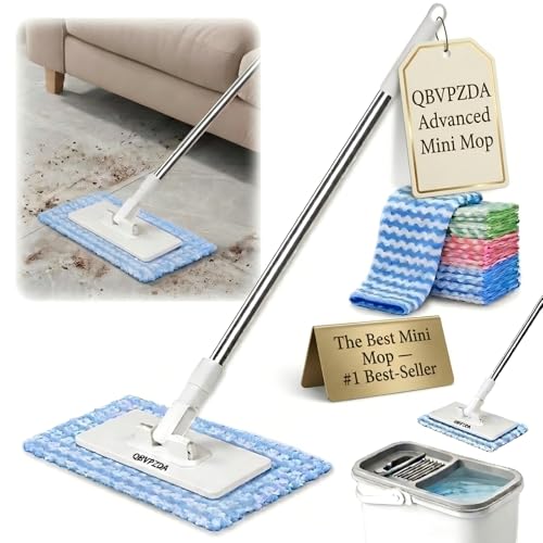 Convenient Cloth Changing Mini Mop Flat Push Design Lazy Portable Self-Squeeze Mop Set Wall-Mountable Durable Handle & Non-Slip Grip Reusable Pads for Home Use with 5 Cloths Included