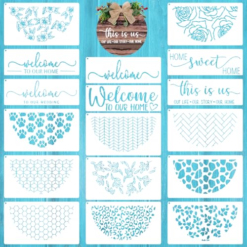 17 PCS Welcome Stencils for Painting on Wood, Family Doormat Reusable Welcome Letters Templates for Wood Sign, Half Round Plastic Stencils Set for Door Mats Furniture Sign Canvas Wall DIY Crafts