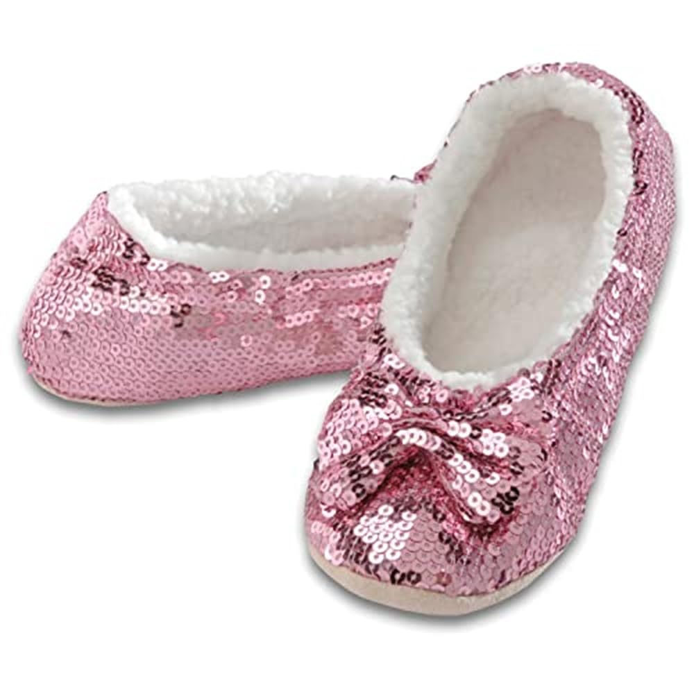 Snoozies Ballerina Bling Metallic Shine Slippers | Sequin House Shoes for Women | Slipper Socks with Grippers | Cute Indoor Footwear (Pink, Large)