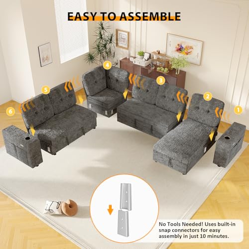 Image of Modular Sectional Sleeper Sofa with Pull Out Bed, 108 Inch U Shaped 7 Seat Couches for Living Room, Chenille Fabric Cloud Couch Bed with Storage & Reclining Backrest, USB Charging, Grey