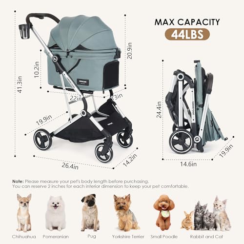 Image of T4 PRO Pet Stroller for Small Medium Dogs, Cat Strollers for 2 Cats, 4 Wheels Folding Pet Stroller for Cats with Pad, Canopy and Cup Holder, Green
