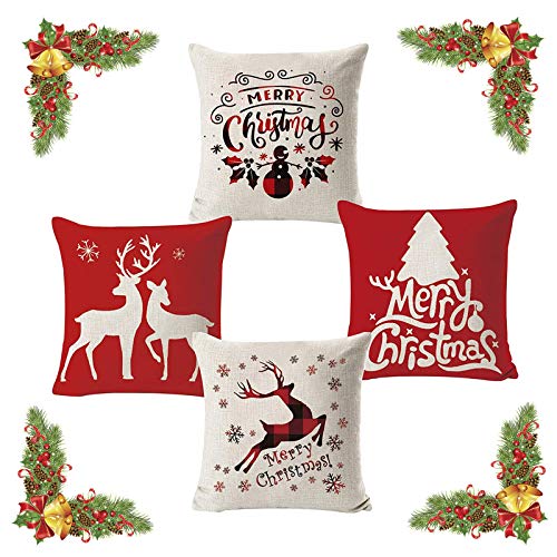 FOGAWA 4pz Fundas Navideñas para Cojines Fundas de Almohada Decorativas con 4 Diferentes Diseño de Navidad Algodón Lino Throw Pillow Case Funda de Almohada (45 * 45cm)