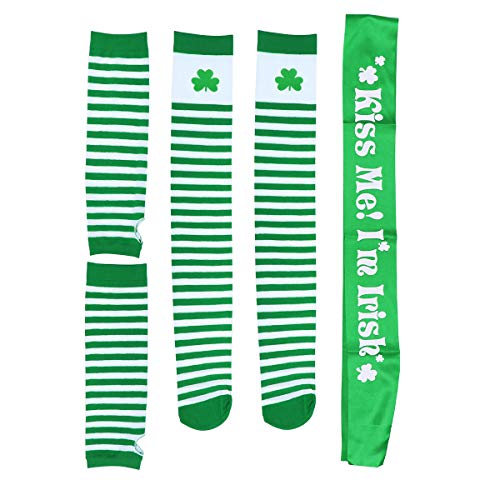 Amosfun St. Patrick's Day Costume Accessories Arm Warmers Fingerless Gloves Gloves Shamrock Stocking Kiss Me I'm Irish Sash Irish Day Party Favor, Green, 3pcs