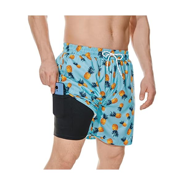 Men Swim Shorts with Compression Liner Mens Bathing Suit Mens Swim Trunks Ligh Blue Pineapple M