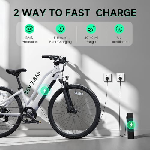 Image of TST Electric Bike for Adults with Peak 750W Motor, 36V /7.8 Ah Removable Built-in Battery, 40Miles 25MPH City E Bike, 26 inch Electric Bicycle for Commute, White