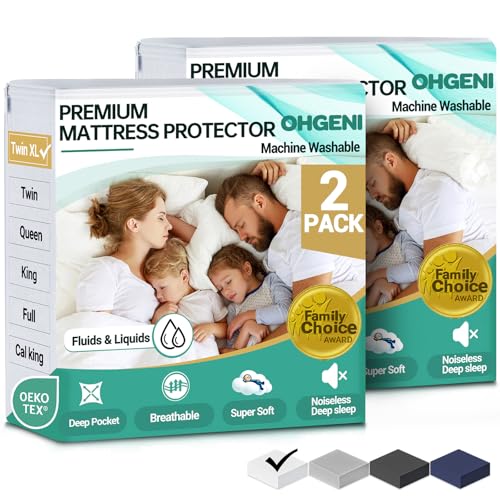 OhGeni 2 Pack Twin XL Size Mattress Protector, 100% Waterproof, Fitted Sheet with Deep Pockets, 6''-14'', Premium Noiseless Breathable Soft Material, Mattresses Cover for Bed