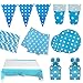 Set di stoviglie usa e getta per feste di compleanno, piatti, bicchieri, tovaglia, sacchetti per caramelle, cannucce, festone con bandierine, colore blu a pois, per 16 ospiti